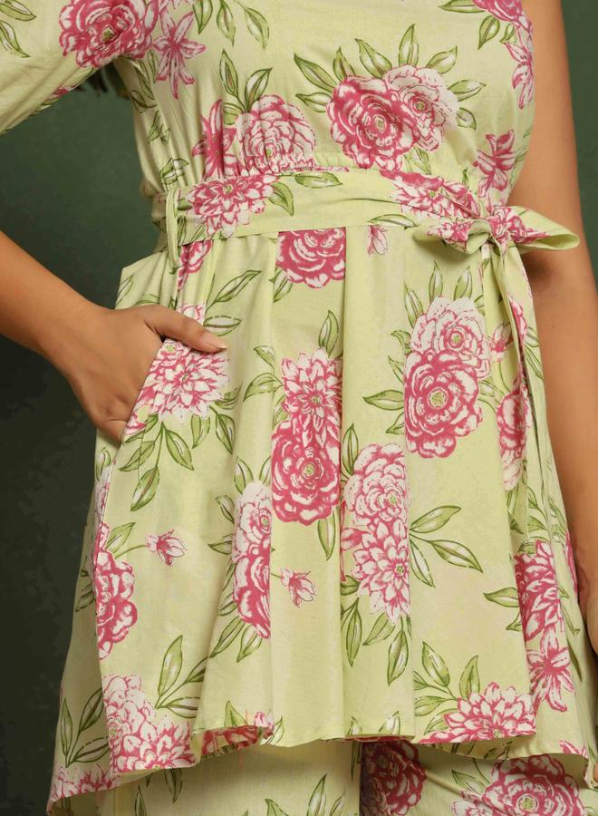 KASYA Green Printed Pure Cotton One-Shoulder Co-Ord Set - Image 3